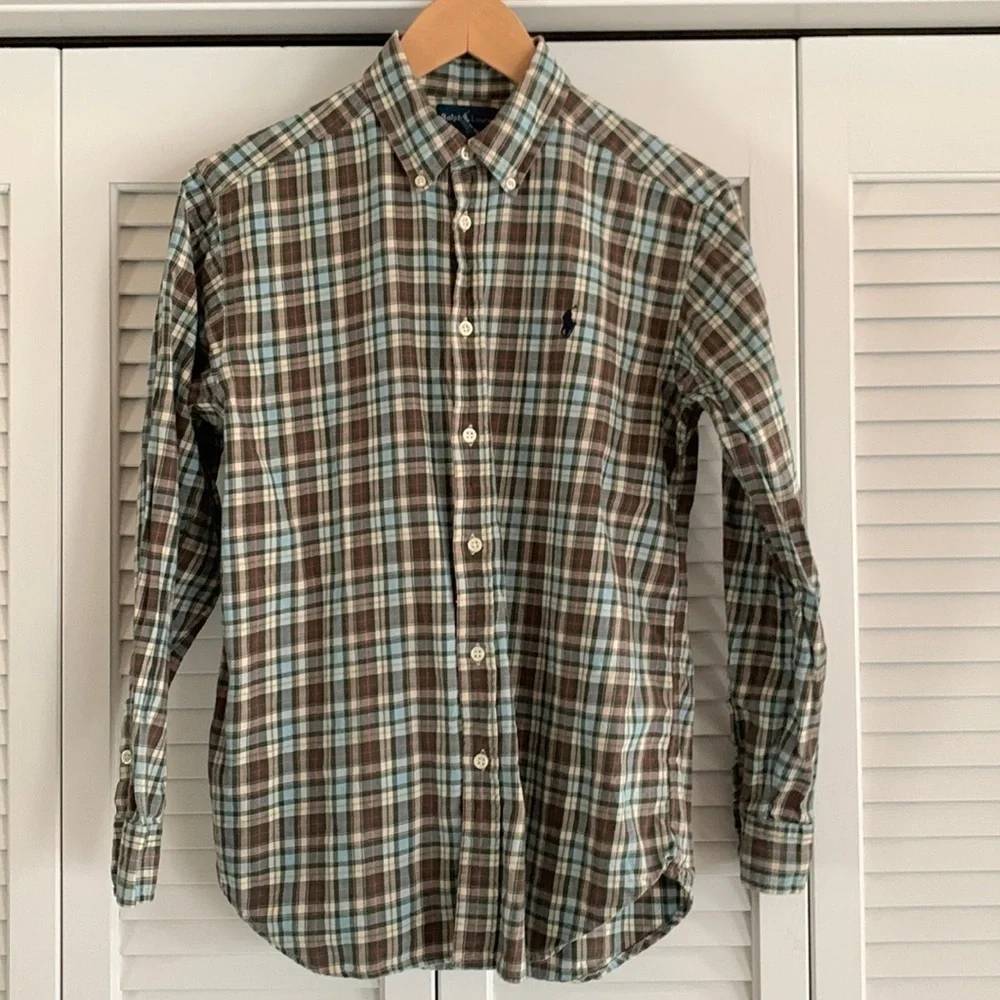 Ralph Lauren Youth Cotton Flannel Button Down Brown & Green Plaid Size Large
